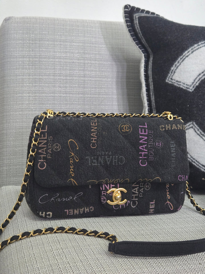 Chanel 22P collection Black Denim Mood Flap Bag with Aged GHW size Medium (25 cms)
