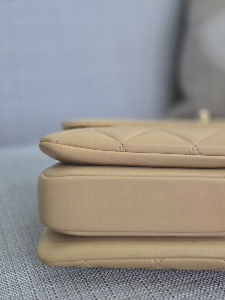 Chanel series 26 2018 Beige Lambskin Trendy CC Flap Bag with Top Handle Size Small with Champagne GHW and detachable Shoulder strap