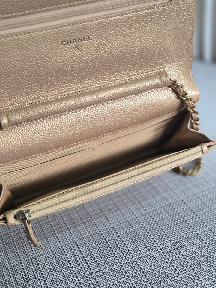 CHANEL series 20 2015 15B collection Gold Caviar Aged GHW Classic Wallet On Chain (WOC)