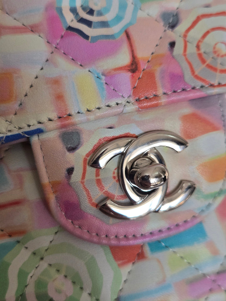 CHANEL Multi Color Rainbow Umbrella print calf skin SHW Medium Classic Double Flap Bag