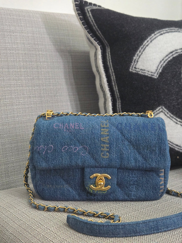 Chanel 22P Blue Denim Mood Flap Bag size Small with aged GHW