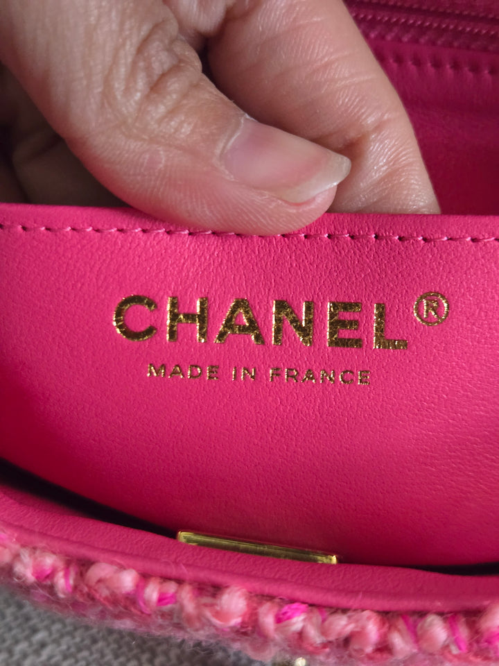 Chanel 22B 2022 Fall/Winter Fuchsia/Light Pink/Dark Pink Tweed Mini Rectangular Flap Bag with Champagne GHW
