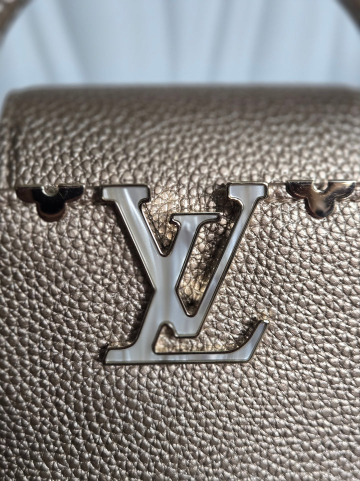 LOUIS VUITTON LV Metallic Taurillon Embellished Flower Crown Mini Capucines in Gold
