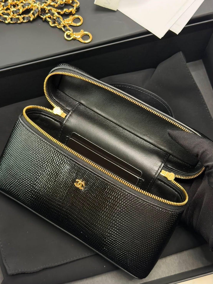 CHANEL 26A Lizard Embossed Black Calf Skin LGHW LP Long Vanity Small 19 cms 2026