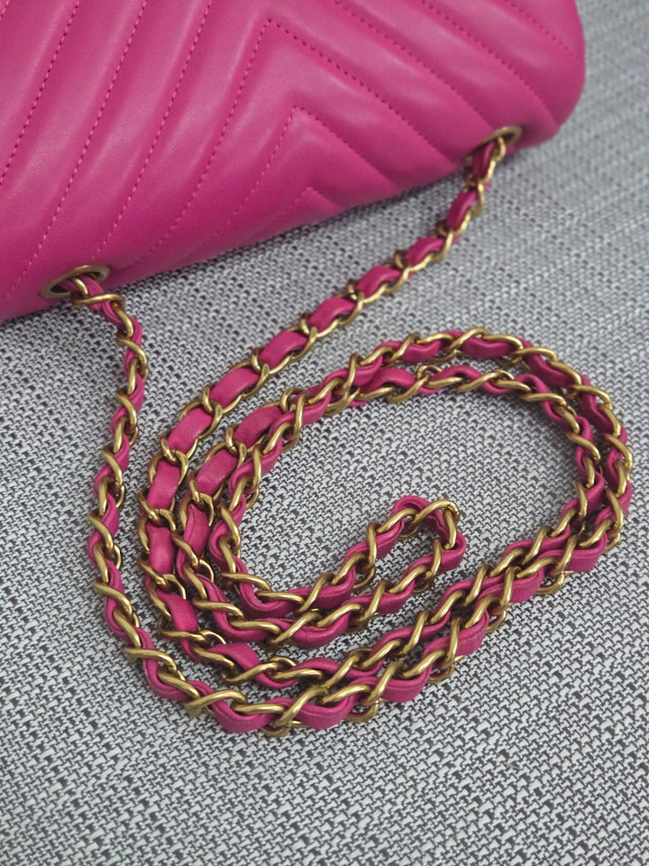 Chanel series 21 Barbie Pink Lambskin Chevron Mini Rectangular Flap Bag with Yellow GHW