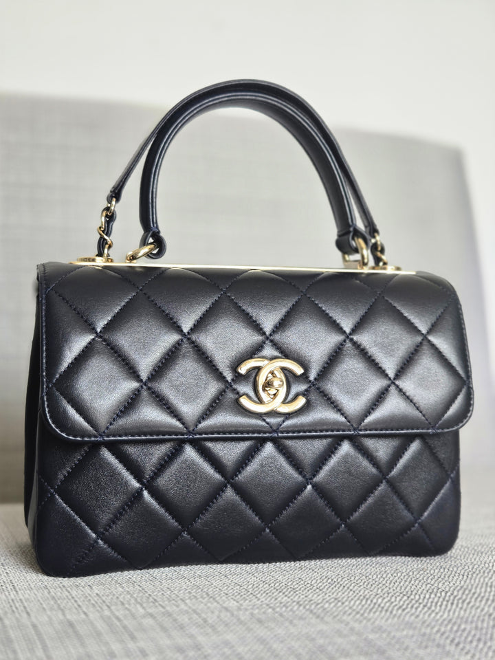 Chanel series 28 2019 Navy Lambskin Champagne GHW Trendy CC Flap Bag size Small with Detachable Strap