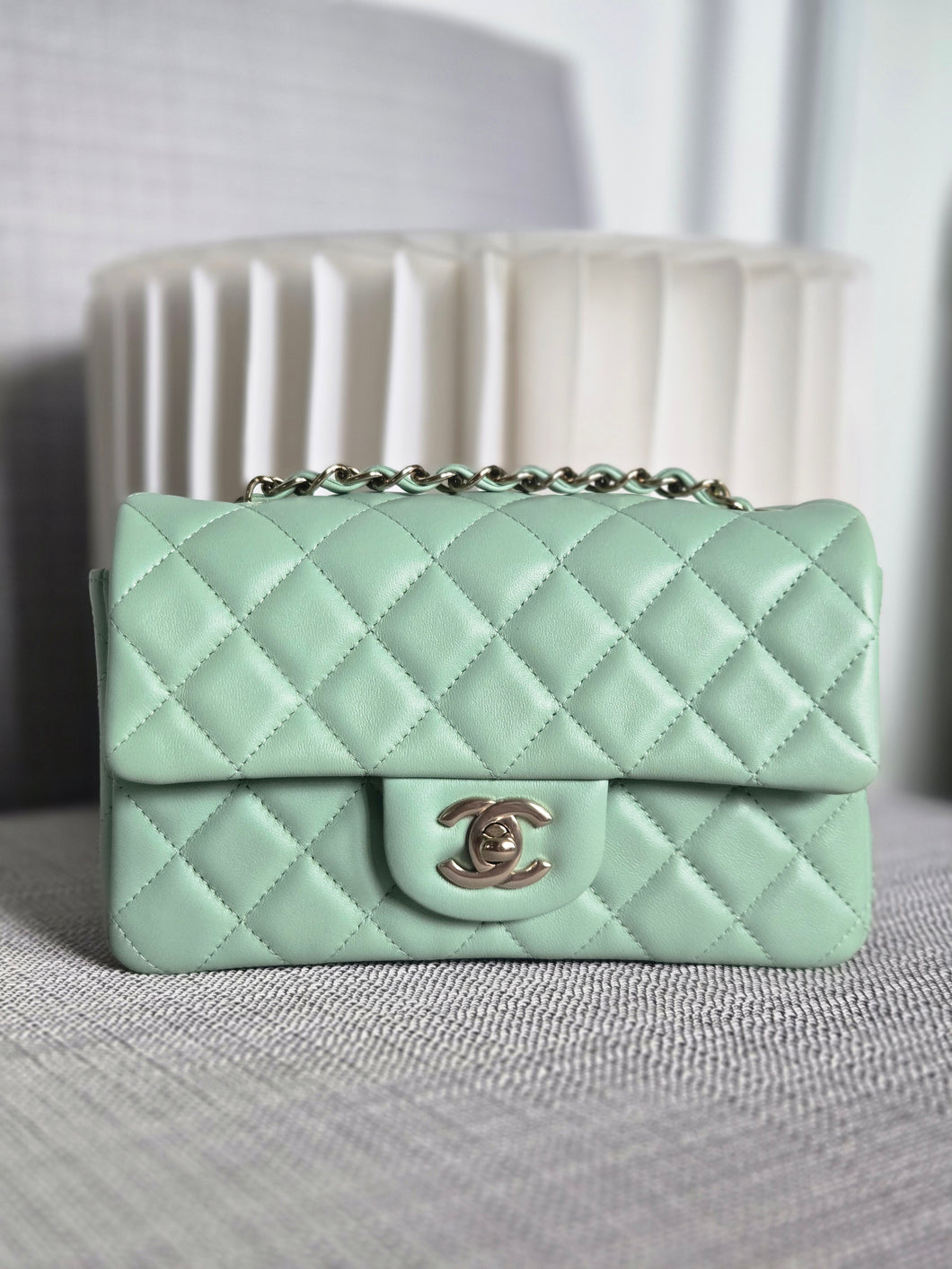 Chanel 24S 2024 Pastel Green Lambskin Champagne GHW Classic Mini Rectangular Flap Bag