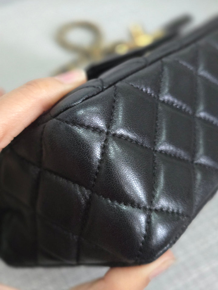 Chanel Black Lambskin Mini Rectangular Flap Bag with Top Handle GHW