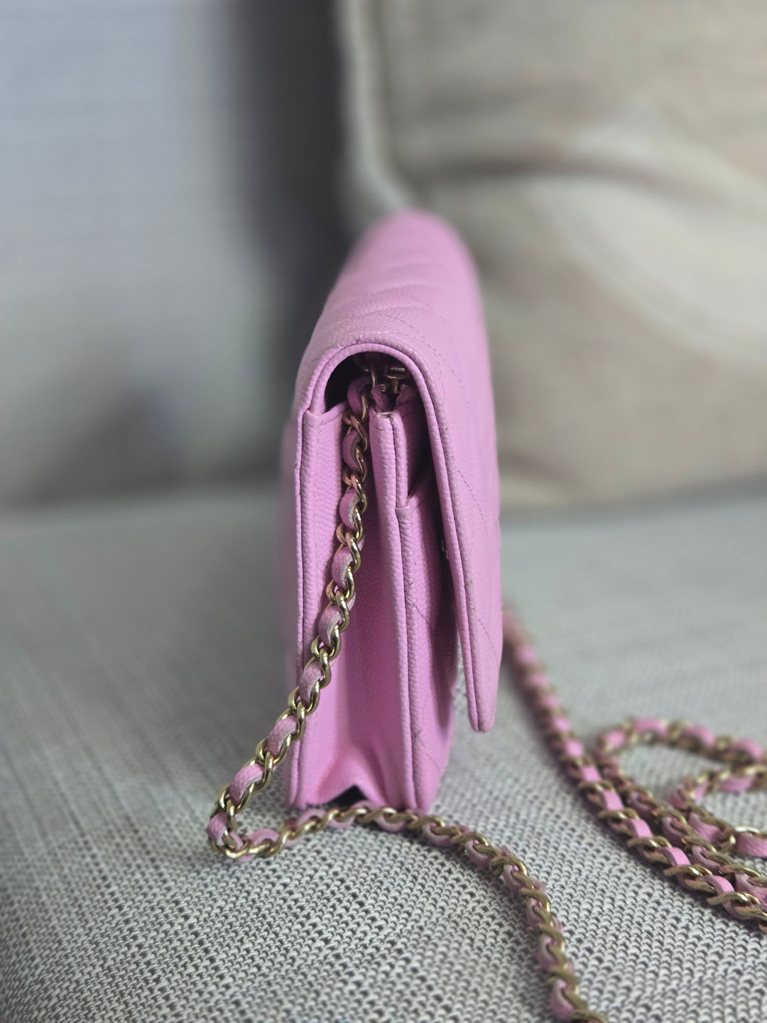 Chanel 23P Collection 2023 Mauve undertone Pink Caviar Champagne GHW Classic Wallet on chain (WOC)