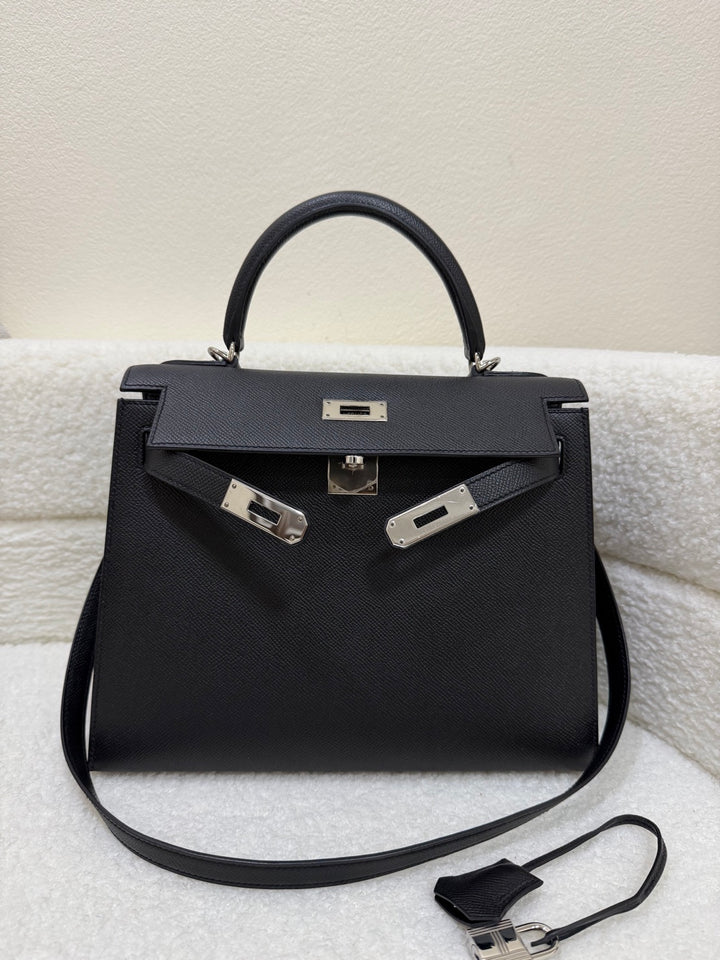 Hermes Kelly 28 in Black Noir Epsom Sellier Leather PHW Stamp R 2014