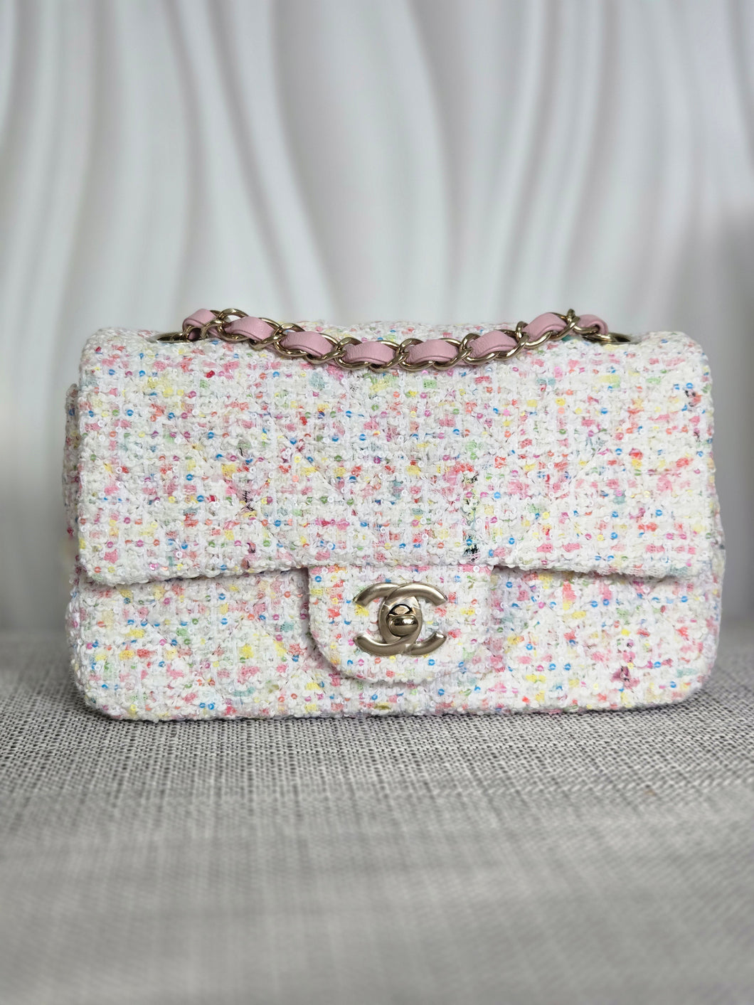 Chanel 25C 2025 Cruise Collection Multi-colored Tweed Champagne GHW Mini rectangular flap bag