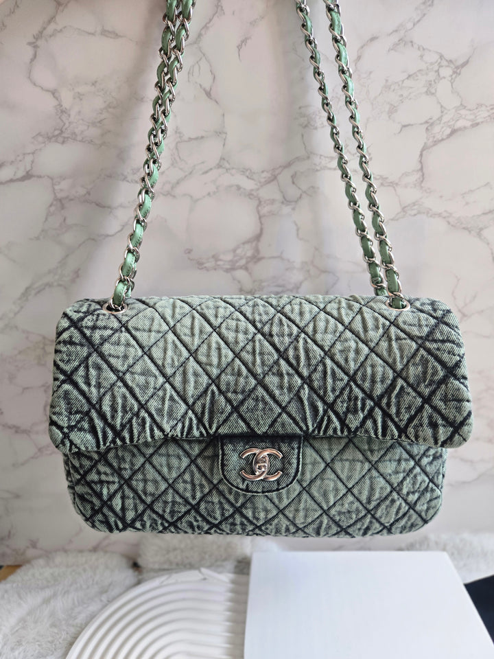 CHANEL Green Denimpression SHW size Jumbo Single Flap Bag