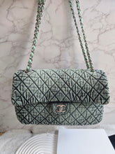 Load image into Gallery viewer, CHANEL Green Denimpression SHW size Jumbo Single Flap Bag
