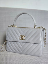 Load image into Gallery viewer, Chanel series 25 Grey Lambskin Chevron Trendy CC Top Handle Flap Bag Size Small with Champagne GHW and Detachable Shoulder strap
