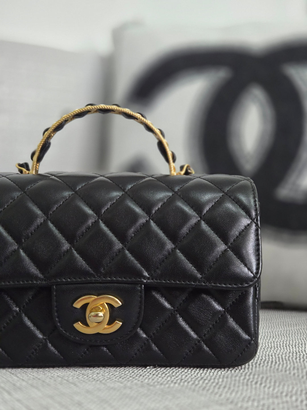 Chanel Black Lambskin Mini Rectangular Flap Bag with Top Handle GHW