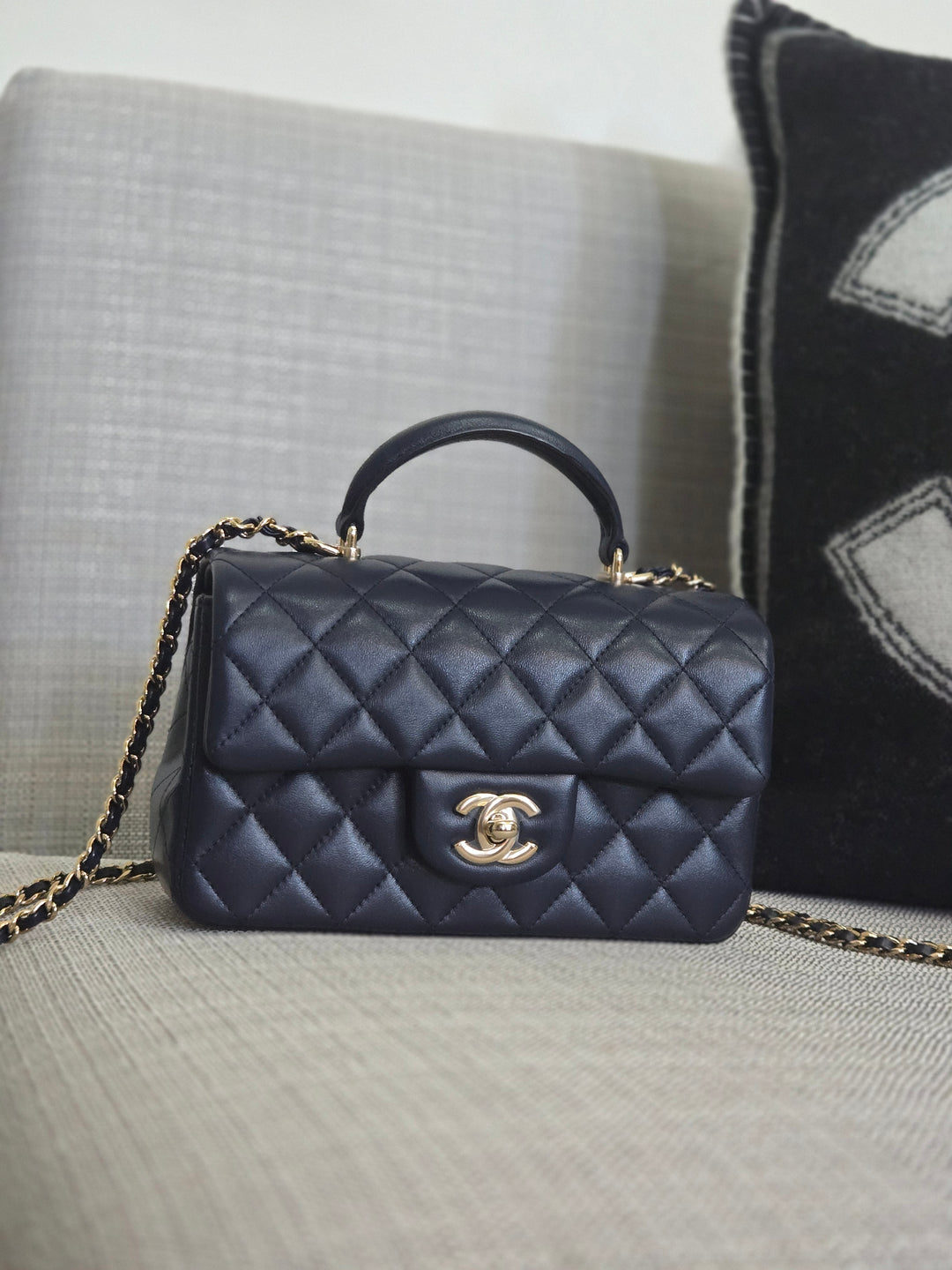 Chanel Navy Lambskin Mini Rectangular Flap Bag with Champagne GHW and Top Handle