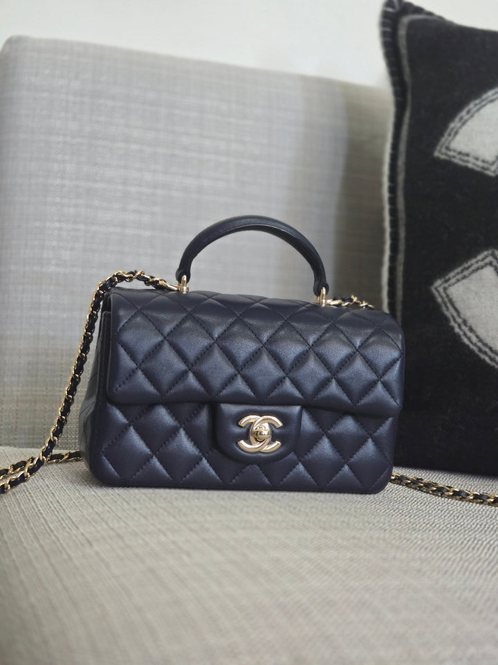 Chanel Navy Lambskin Mini Rectangular Flap Bag with Champagne GHW and Top Handle