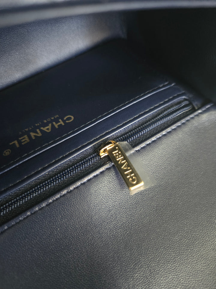 Chanel Navy Lambskin Mini Rectangular Flap Bag with Champagne GHW and Top Handle
