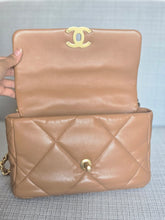 Load image into Gallery viewer, Chanel 19 in 22A/K collection Caramel Brown Lambskin with mixed HW Flap Bag size Small 26 cms
