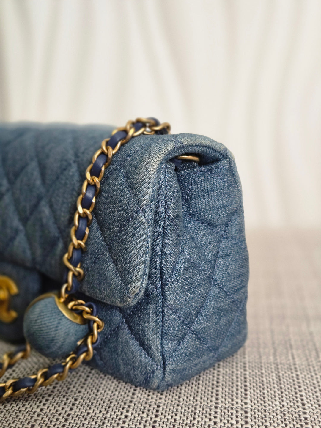 CHANEL 23C 2022/2023 Cruise collection Denim Pearl Crush Adjustable Chain Mini Rectangular Flap Bag with Aged GHW
