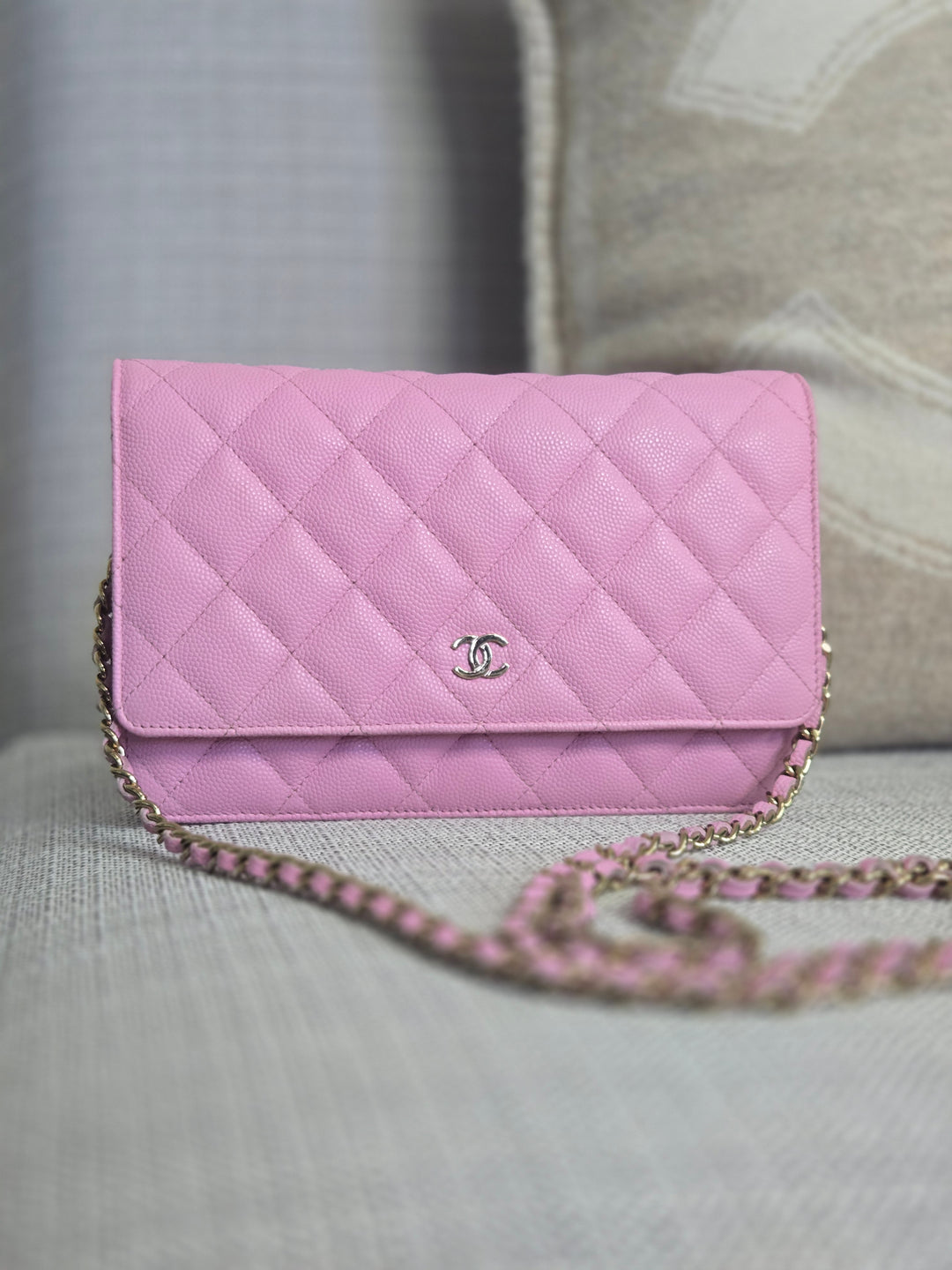 Chanel 23P Collection 2023 Mauve undertone Pink Caviar Champagne GHW Classic Wallet on chain (WOC)