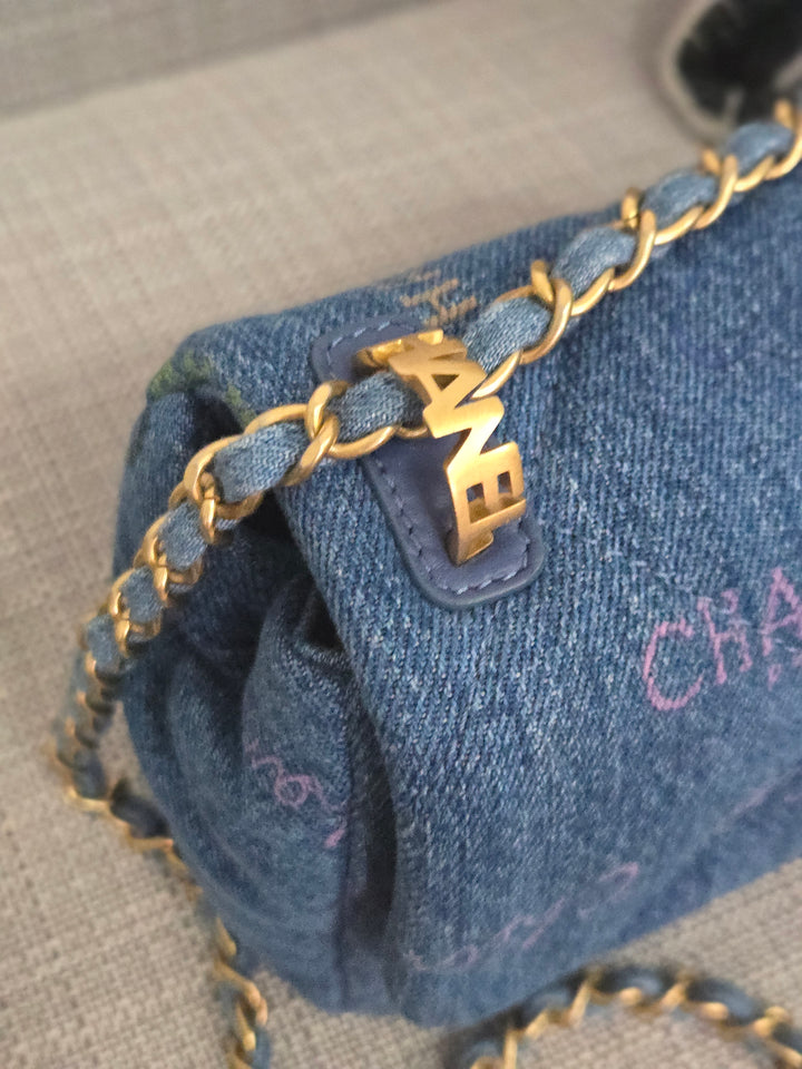 Chanel 22P Blue Denim Mood Flap Bag size Small with aged GHW