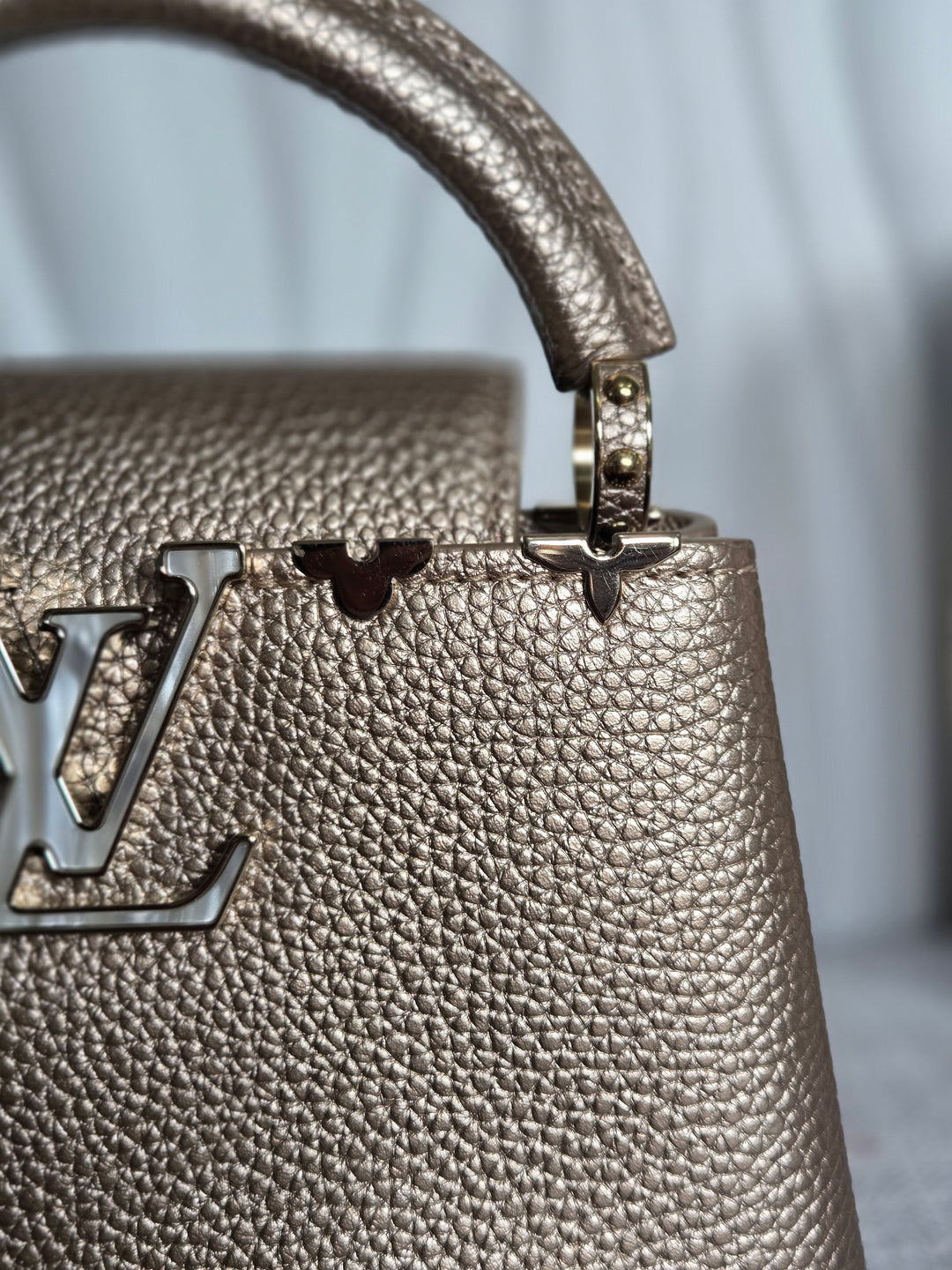 LOUIS VUITTON LV Metallic Taurillon Embellished Flower Crown Mini Capucines in Gold