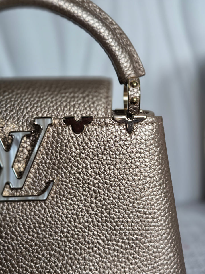 LOUIS VUITTON LV Metallic Taurillon Embellished Flower Crown Mini Capucines in Gold