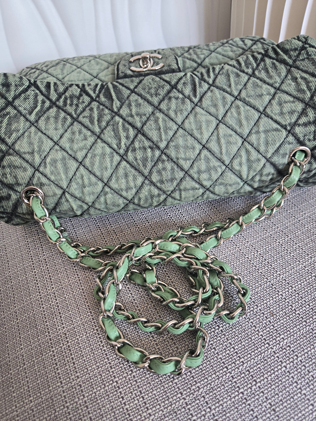 CHANEL Green Denimpression SHW size Jumbo Single Flap Bag