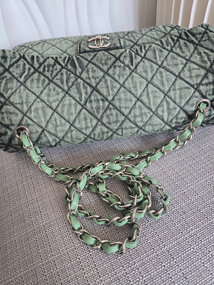 CHANEL Green Denimpression SHW size Jumbo Single Flap Bag