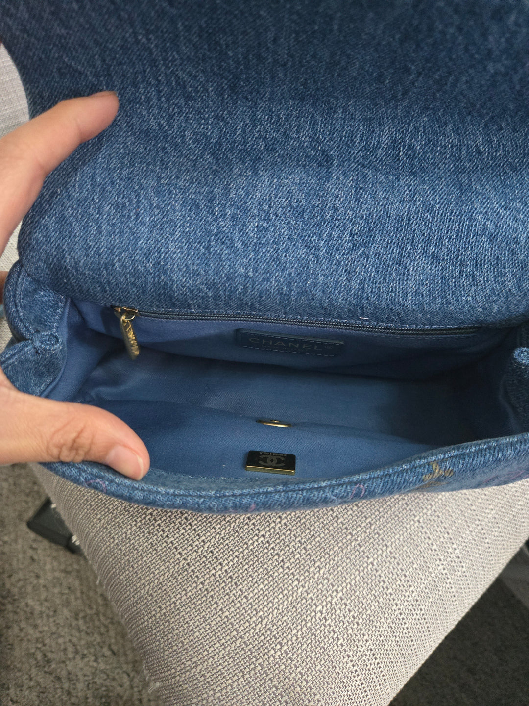 Chanel 22P Blue Denim Mood Flap Bag size Small with aged GHW