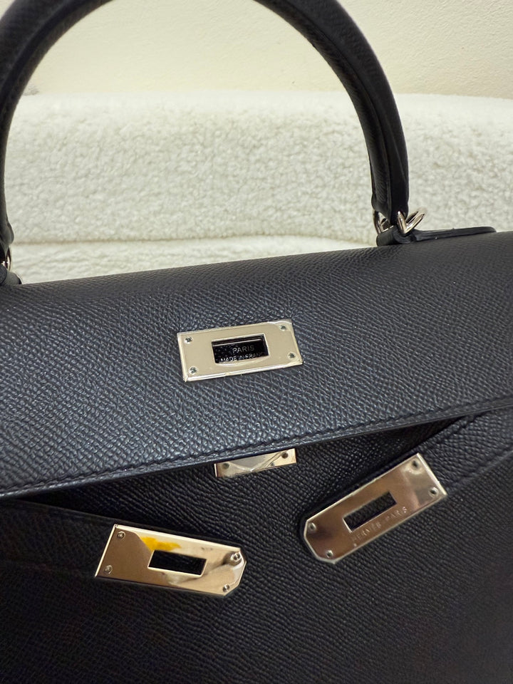 Hermes Kelly 28 in Black Noir Epsom Sellier Leather PHW Stamp R 2014