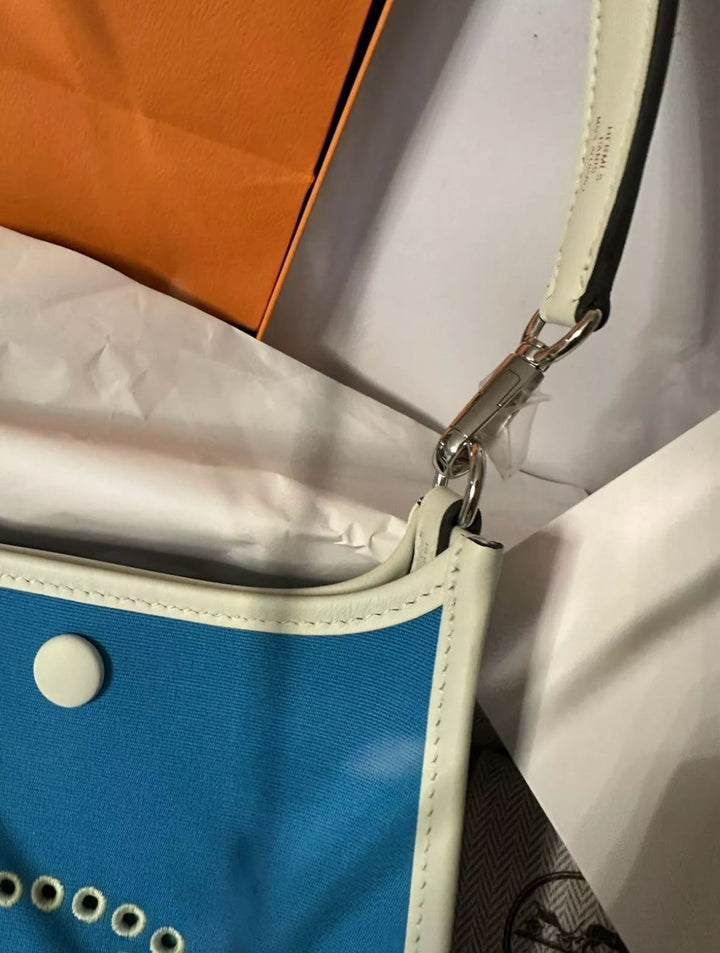Hermes Mini Evelyn 2024 W Stamp Blue Azteque / Vert Fizz / Mint Toile / Swift Neo