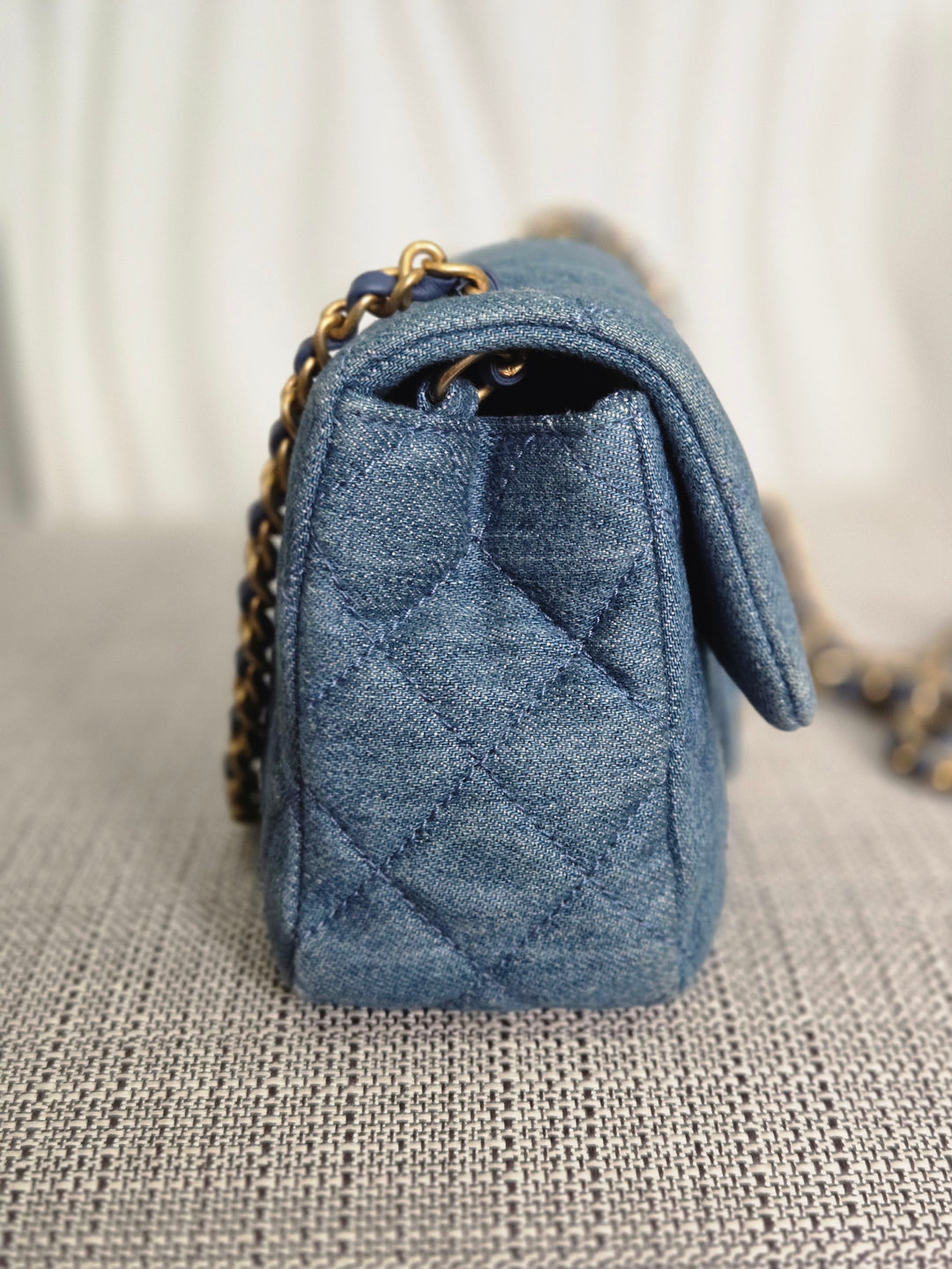 CHANEL 23C 2022/2023 Cruise collection Denim Pearl Crush Adjustable Chain Mini Rectangular Flap Bag with Aged GHW