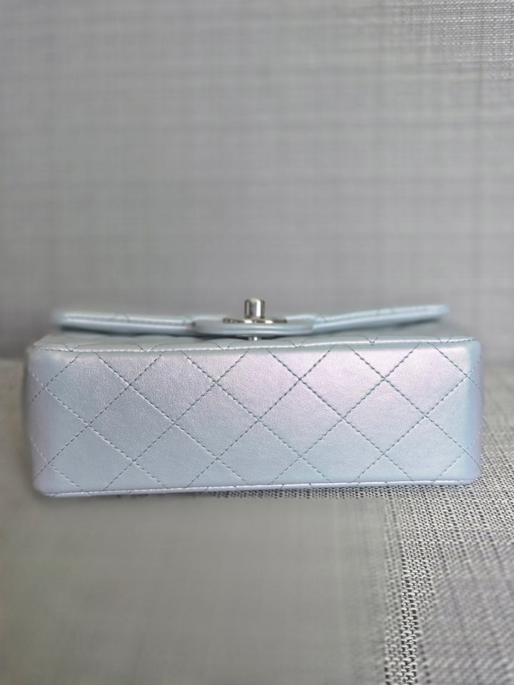 Chanel 21K collection 2021 Iridescent Light Blue Calf skin SHW Mini Rectangular Flap Bag