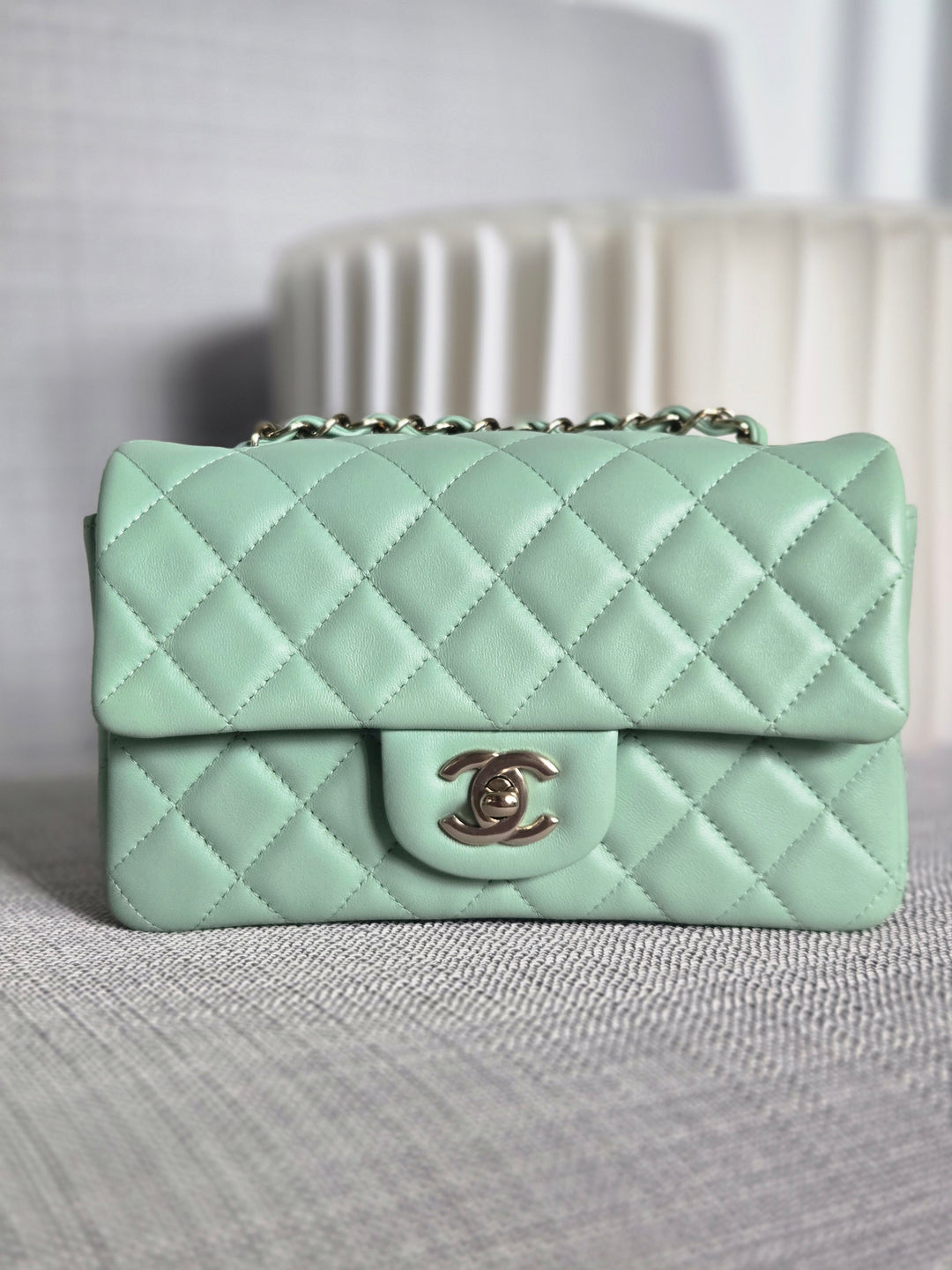 Chanel 24S collection 2024 Pastel Green Lambskin Champagne GHW Classic Mini Rectangular Flap Bag