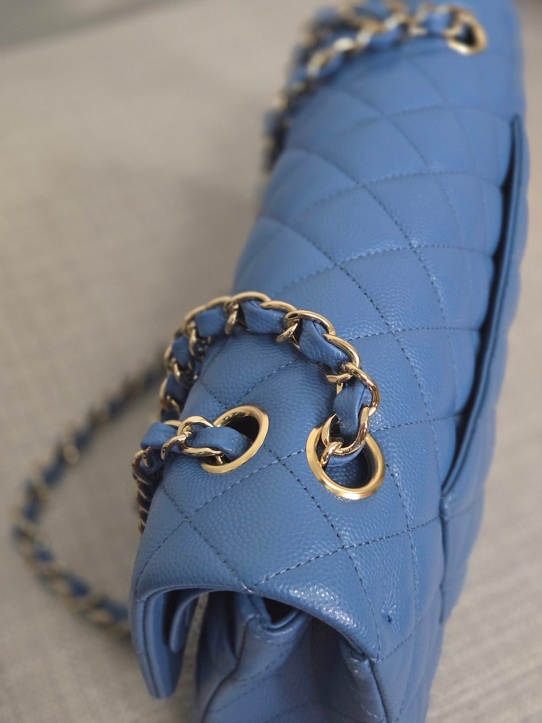 Chanel Series 30 Blue Caviar Medium Timeless Classic Double Flap Bag with Champagne GHW