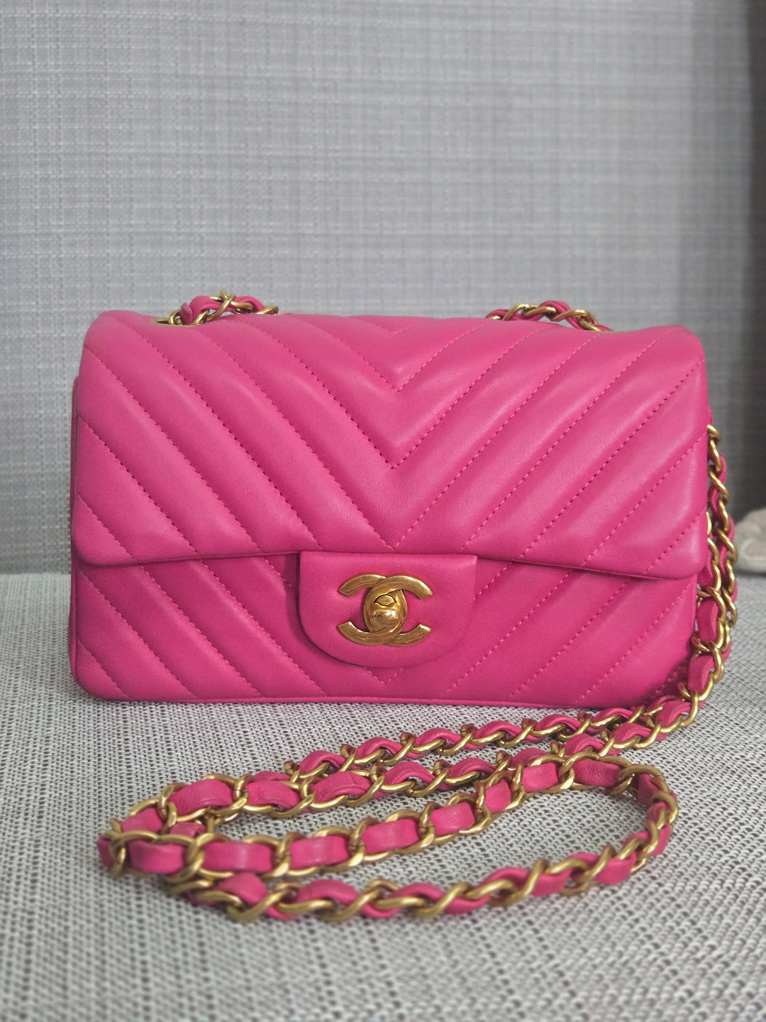 Chanel series 21 Barbie Pink Lambskin Chevron Mini Rectangular Flap Bag with Yellow GHW