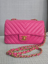 Load image into Gallery viewer, Chanel series 21 2015 Hot Pink Lambskin Chevron Mini Rectangular Flap Bag with Yellow GHW
