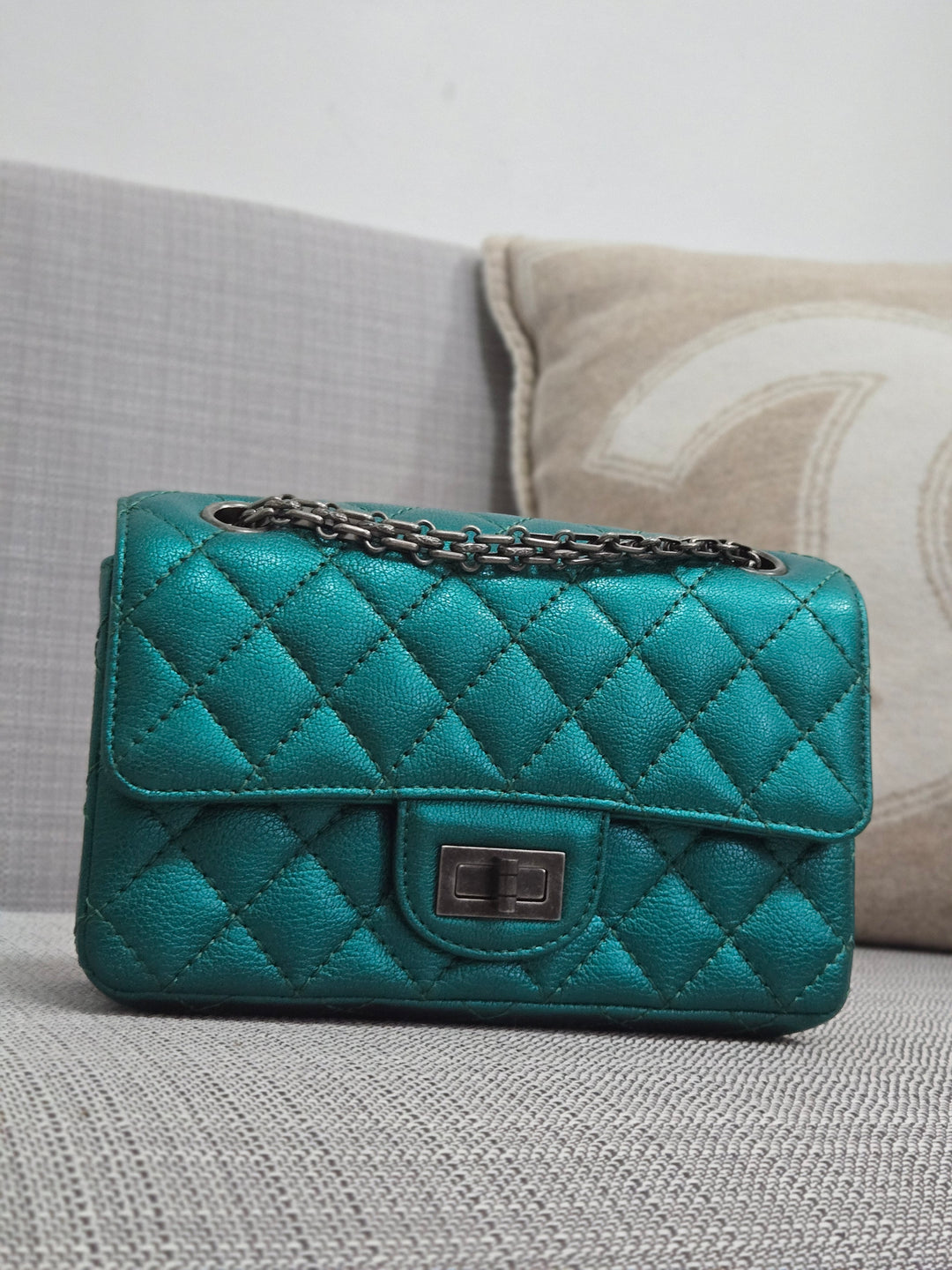 Chanel Series 28 Emerald Green Turquoise Calf skin 2.55 Reissue Mini Flap Bag with Ruthenium Hardwars