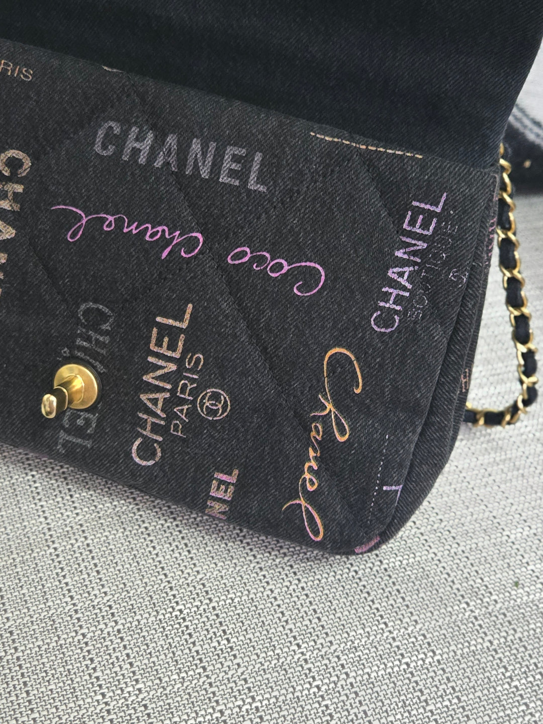 Chanel 22P collection Black Denim Mood Flap Bag with Aged GHW size Medium (25 cms)