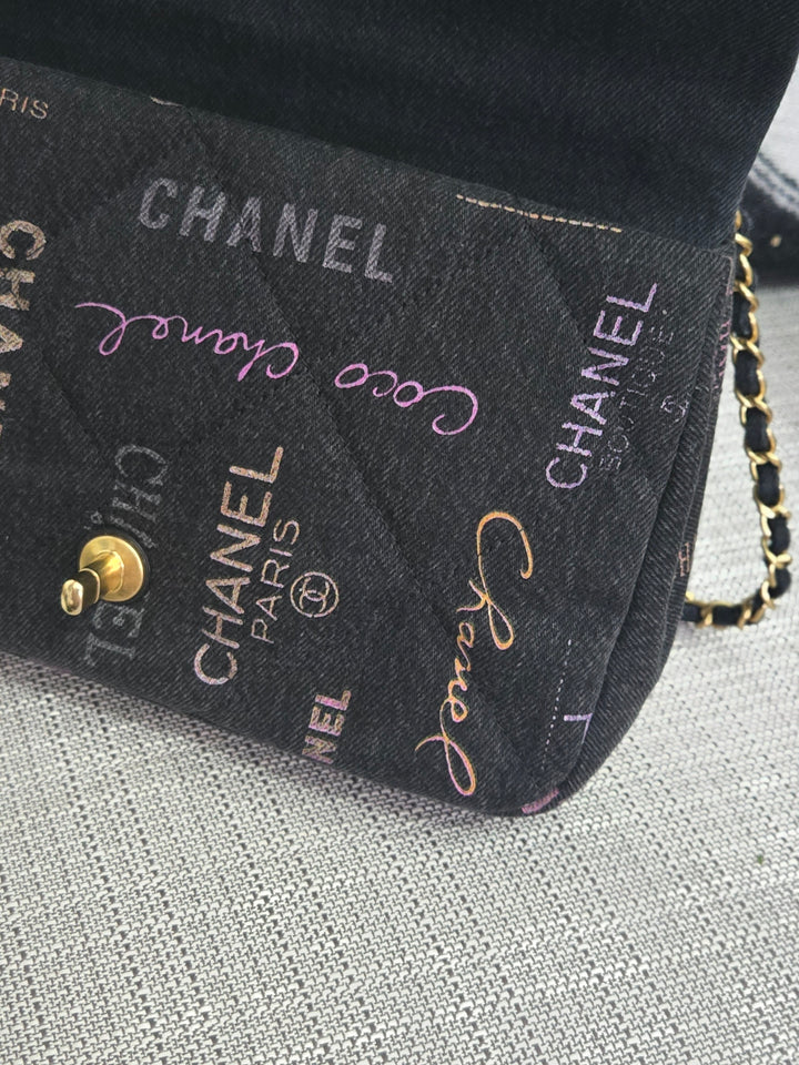 Chanel 22P collection Black Denim Mood Flap Bag with Aged GHW size Medium (25 cms)