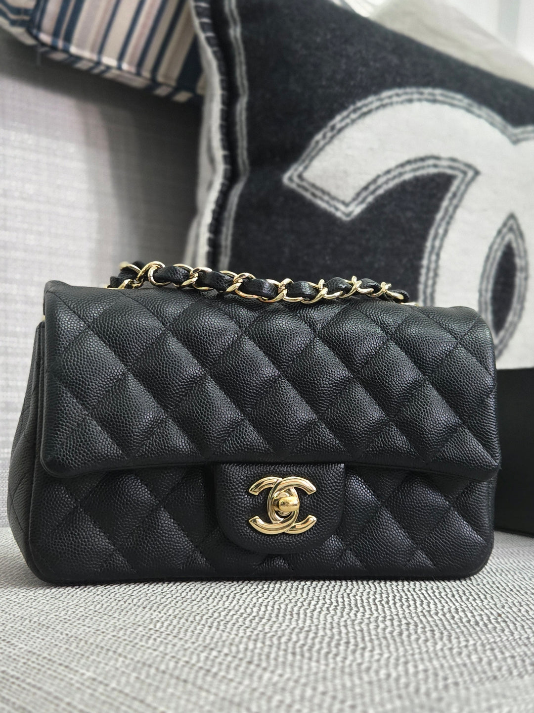 Chanel series 26 18B Collection Black Caviar Classic Mini Rectangular Flap Bag with champagne GHW