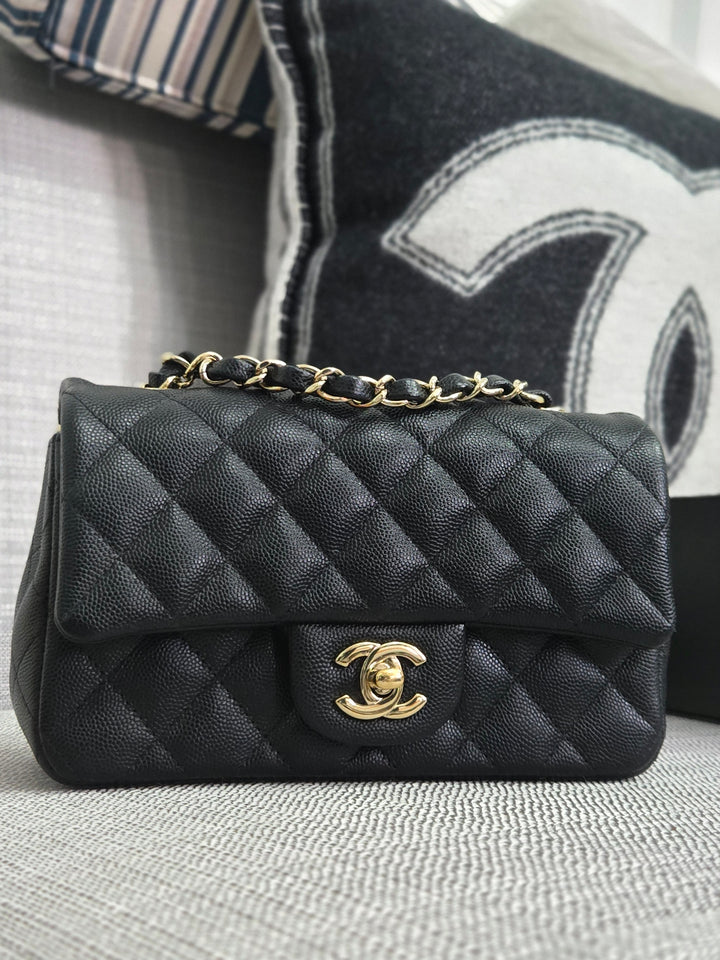Chanel series 26 18B Collection Black Caviar Classic Mini Rectangular Flap Bag with champagne GHW