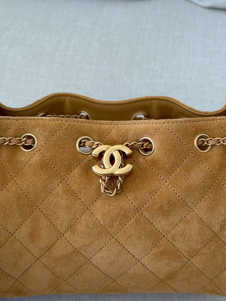 CHANEL 26C Camel Suede Aged GHW Mini 25 Hobo Bag