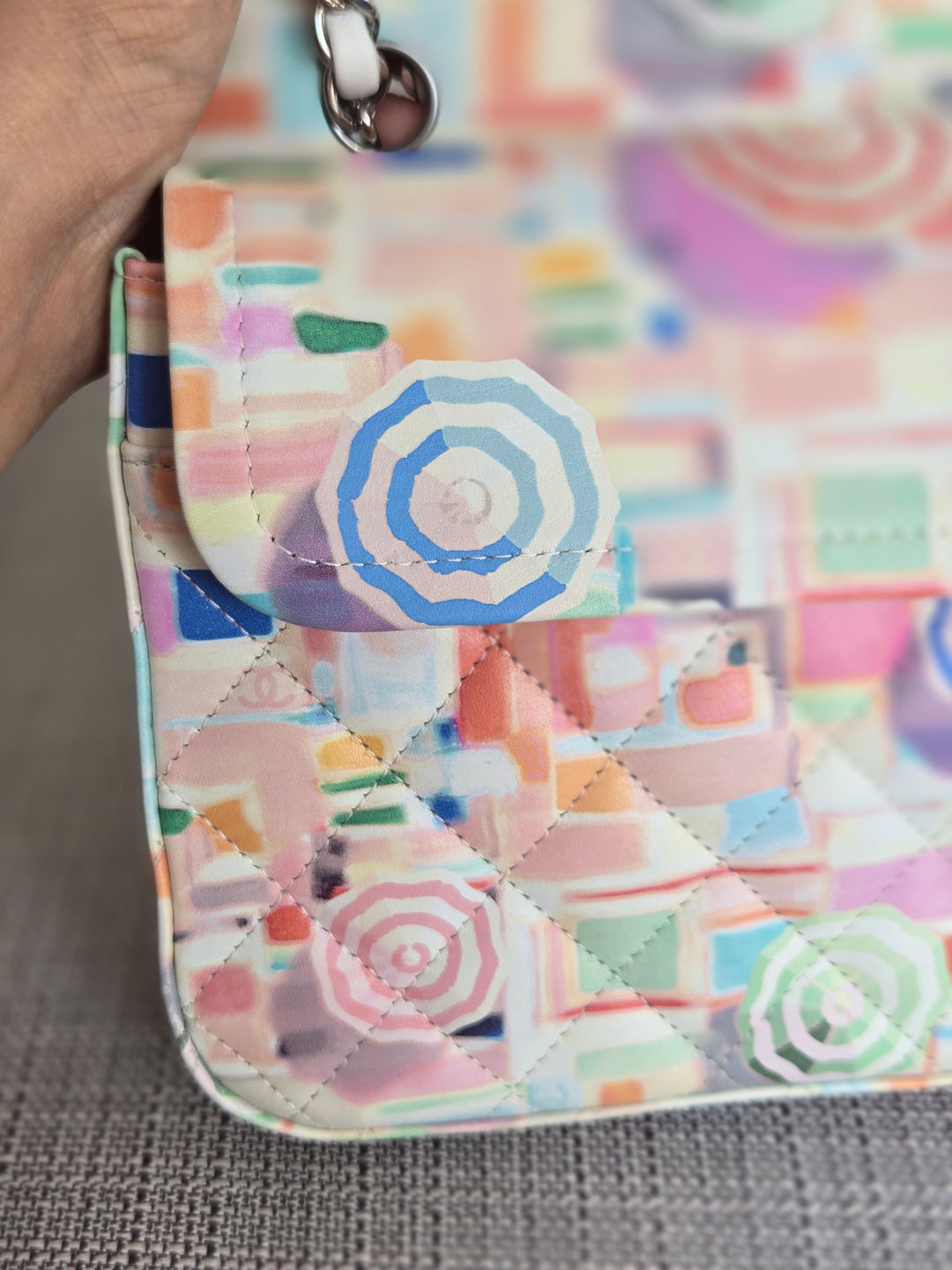CHANEL Multi Color Rainbow Umbrella print calf skin SHW Medium Classic Double Flap Bag
