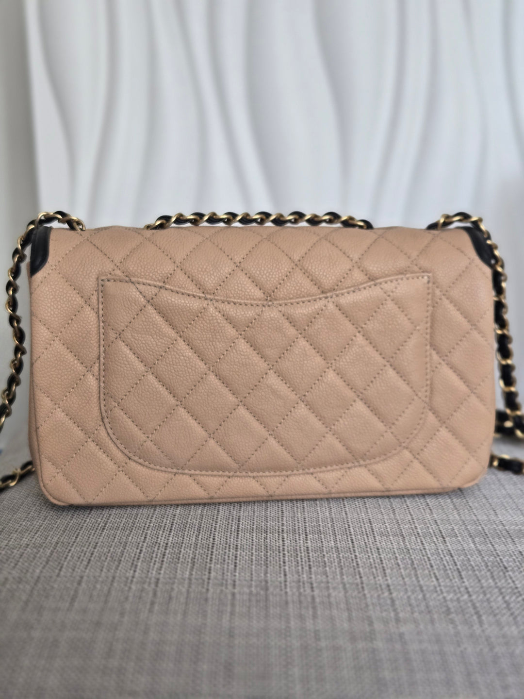 CHANEL Beige & Black Filigree Aged GHW Magnetic Closure Flap Bag size Medium 10 inches