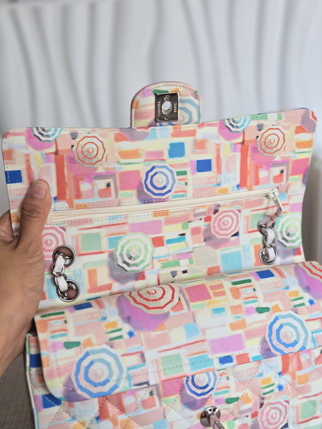 CHANEL Multi Color Rainbow Umbrella print calf skin SHW Medium Classic Double Flap Bag