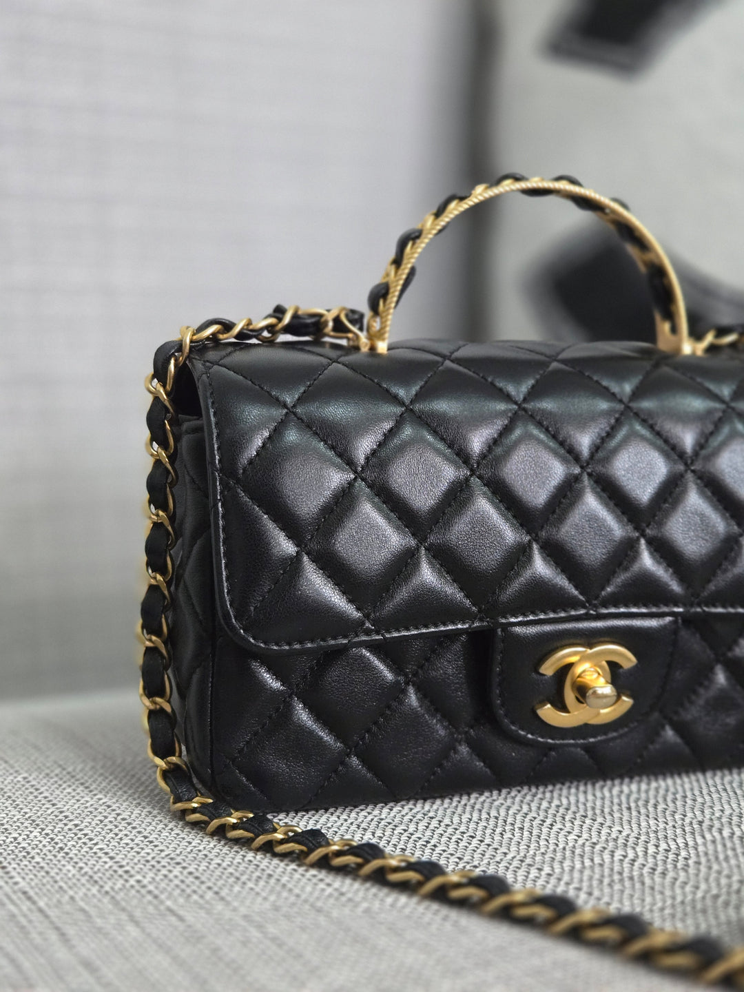 Chanel Black Lambskin Mini Rectangular Flap Bag with Top Handle GHW