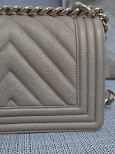 Load image into Gallery viewer, Chanel series 26 18A 2018 Fall/Winter Collection Iridescent Light Beige Chevron Caviar Le Boy Flap Bag size Small with Shiny GHW
